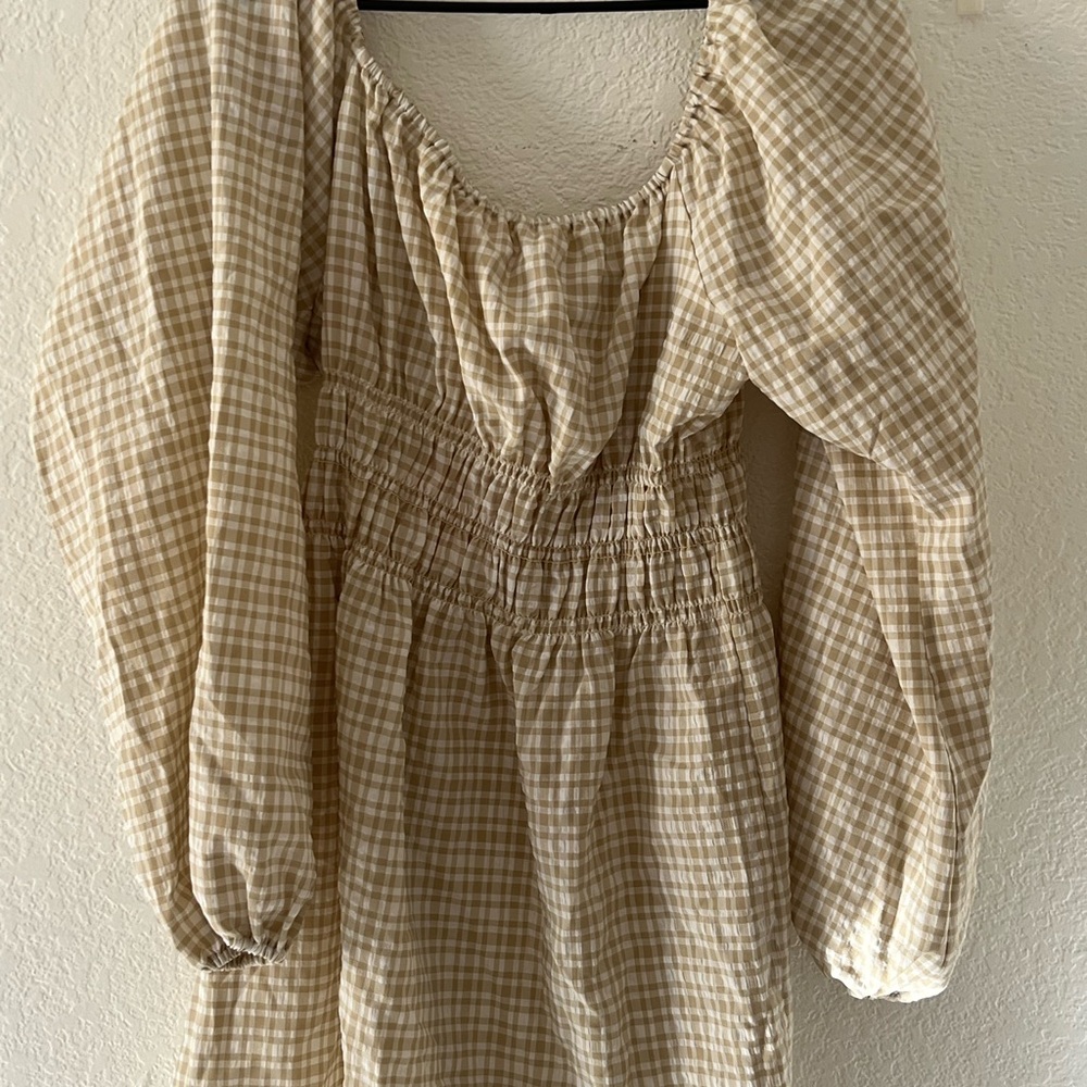 Leyden cream white Gingham Smocked Mini long sleeve Dress women’s XL - Picture 5 of 11